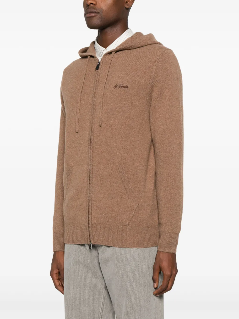 Mc2 Saint Barth Beige Wool Sweater With Hood And Logo Embroidery In Braun