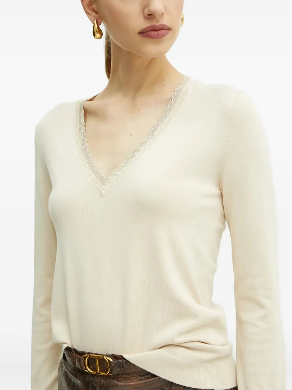 Liu •jo Lace-trimmed V-neck Jumper In Metallic