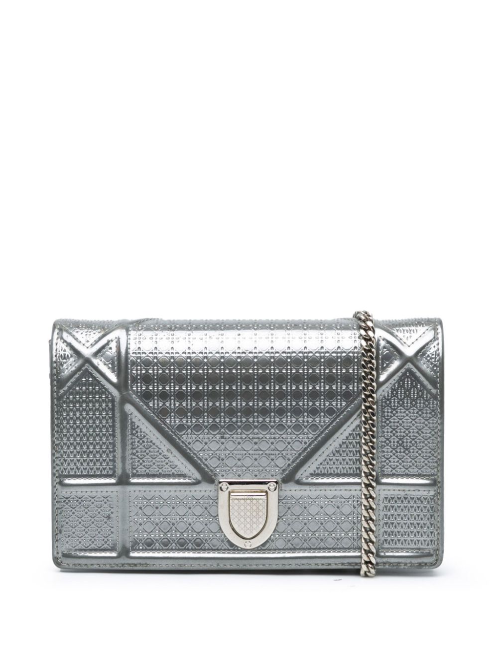 Pre-owned Dior 2019 Patent Microcannage Ama Wallet On Chain Crossbody Bag In Silver