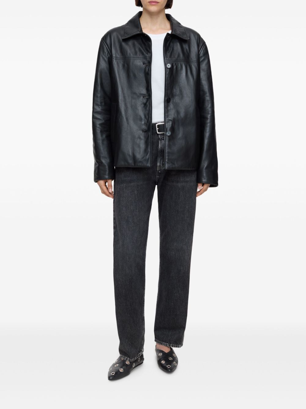 Closed leather jacket - Zwart