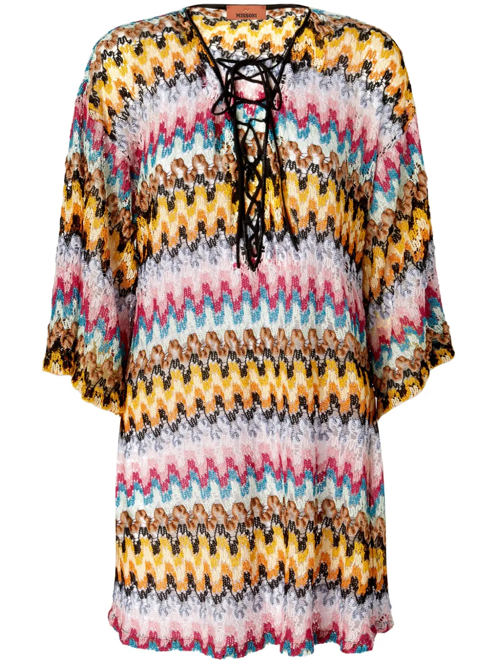 Missoni Multicolor Dress With Zig Zag Motif And Laces On The Front In Cotton Woman In Yellow