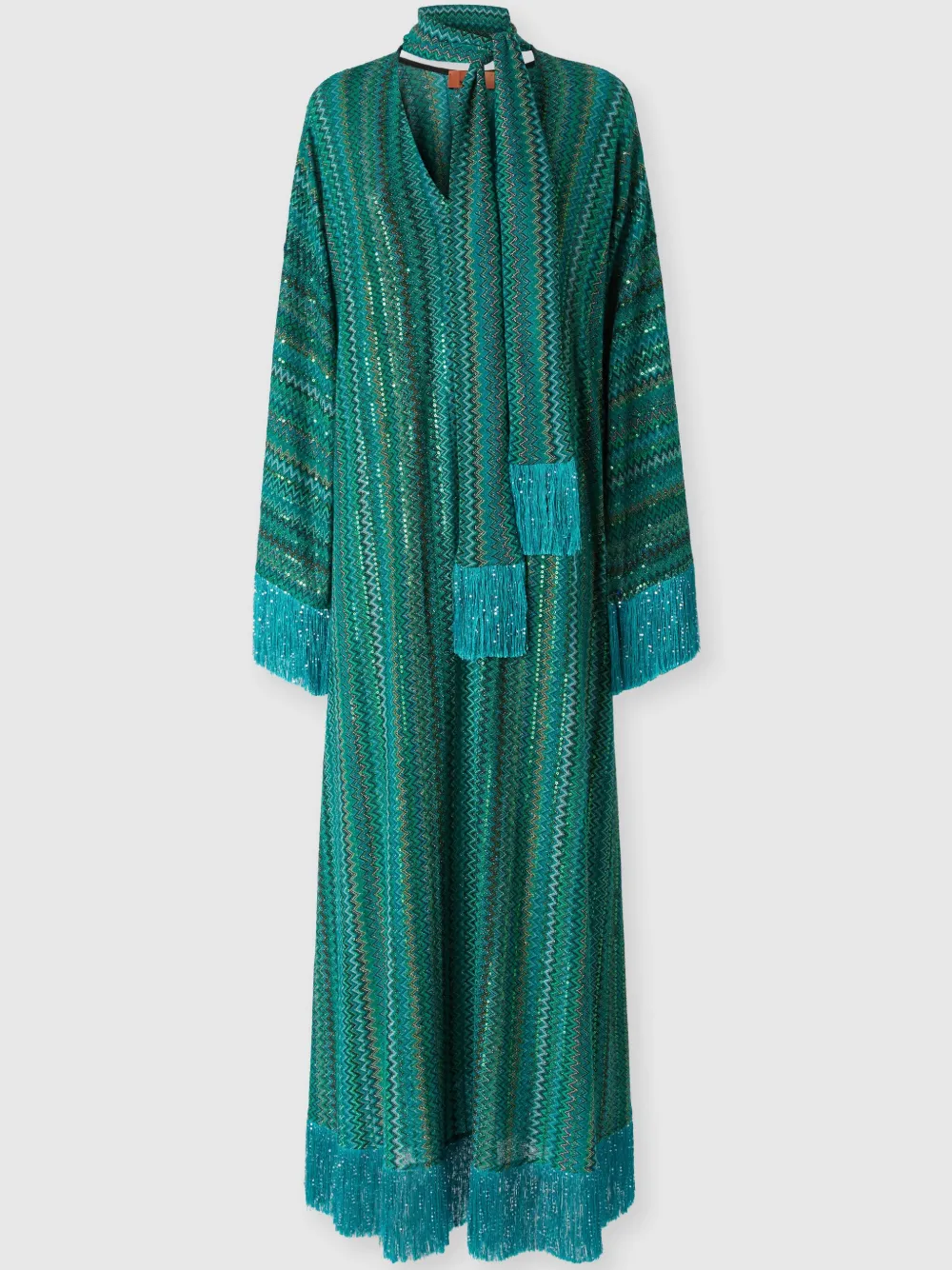 Missoni Zickzack-kaftan Mit Pailletten Und V-ausschnitt Und Abnehmbarem Schal Mit Fransen In Green