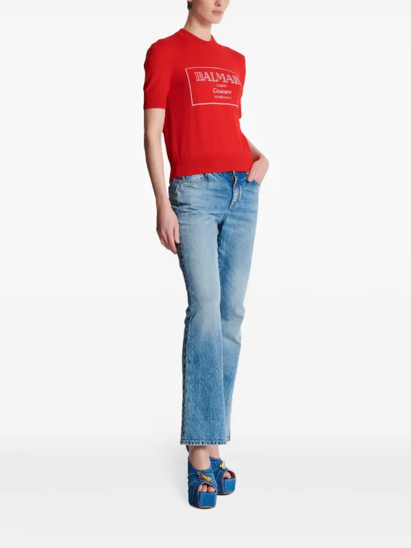 【関税込み】Balmain レッド ロゴプリント Tシャツ Balmain ロゴ Tシャツ | レッド | FARFETCH JP