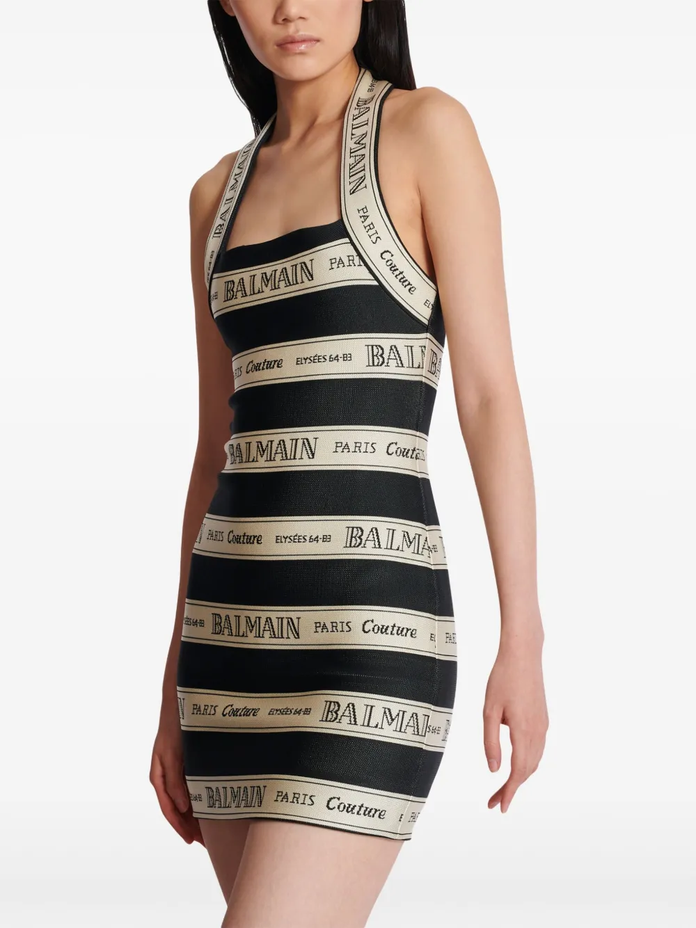 【関税込み】Balmain ブラック＆ホワイト シークイン ミニドレス Balmain logo-jacquard Mini Dress | Black | FARFETCH