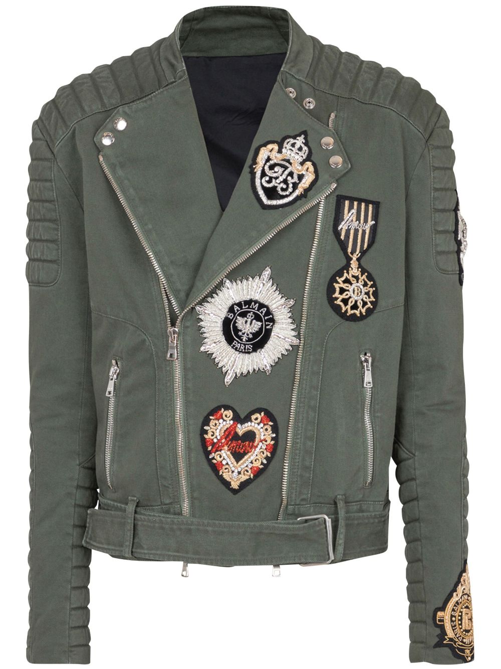 Balmain embroidered-patch biker jacket - Green