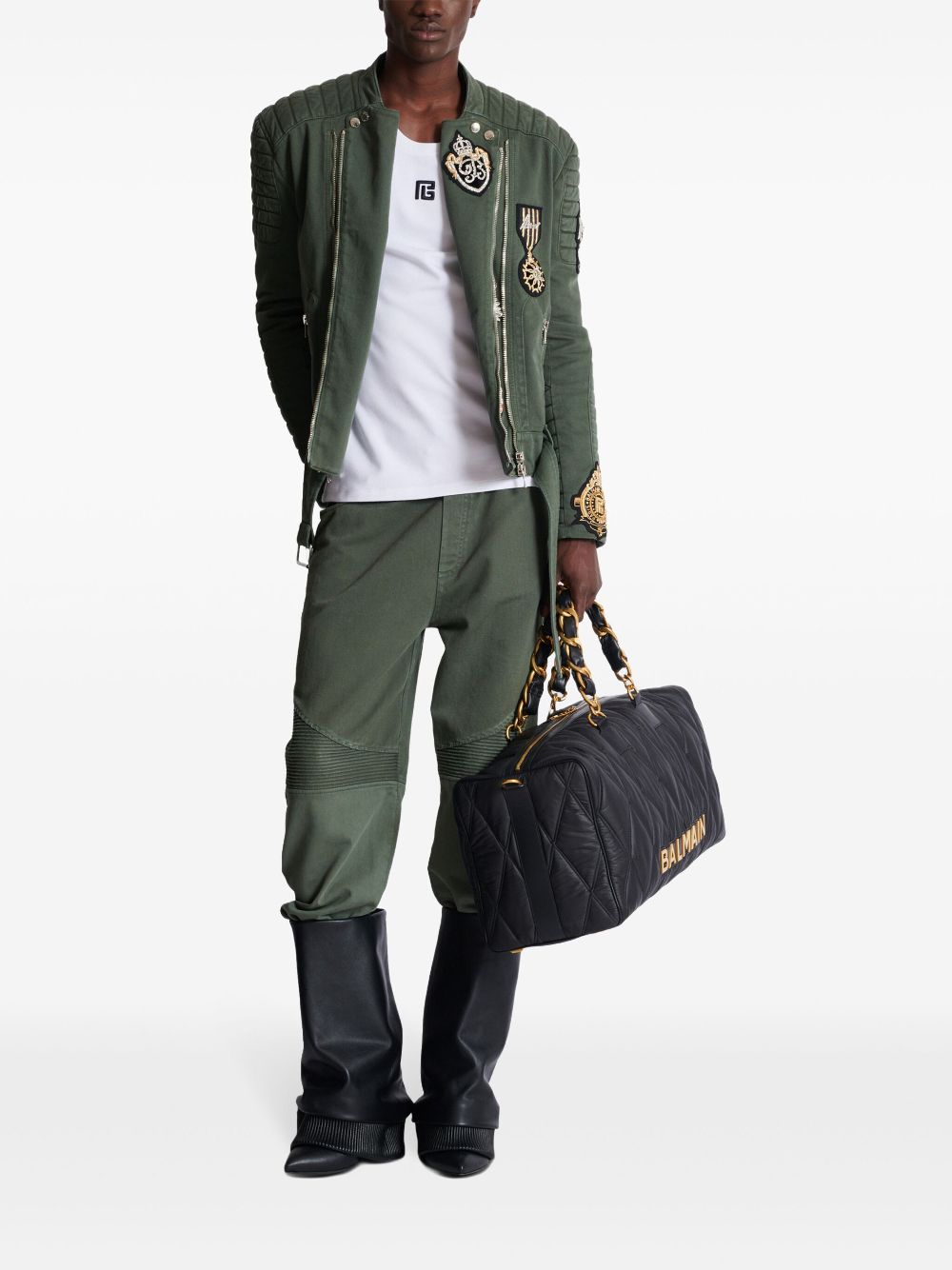 Balmain embroidered-patch biker jacket - Green