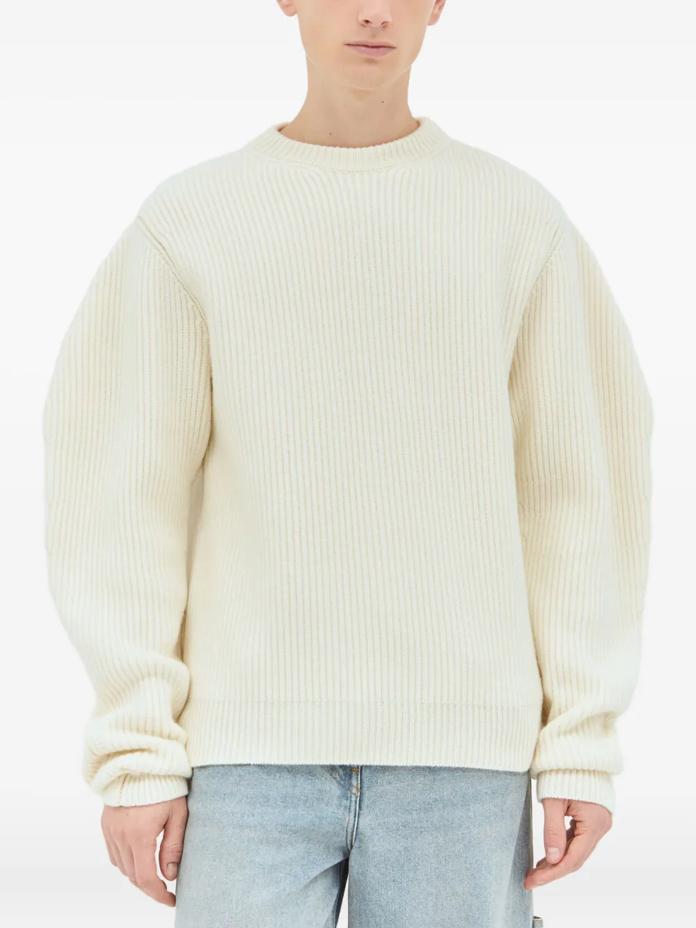 Jil Sander ribbed balloon-sleeve wool sweater Beige