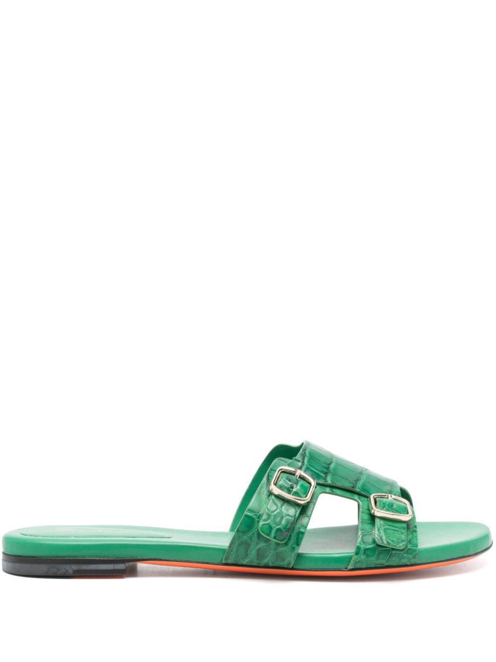 Santoni leather double-buckle slides Green