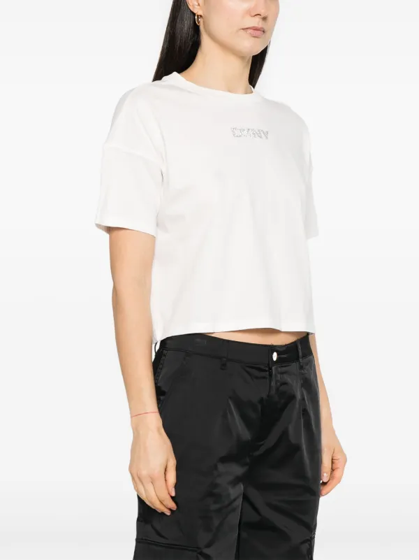 売れ筋商品|||ダナ キャラン ニューヨーク カットソー トップス レディース Women's Active Rhinestone-Logo Distressed Crewneck Cotton T-Shirt Mineral DKNY Women's Rhinestone Logo Crew Neck, Black Heather at
