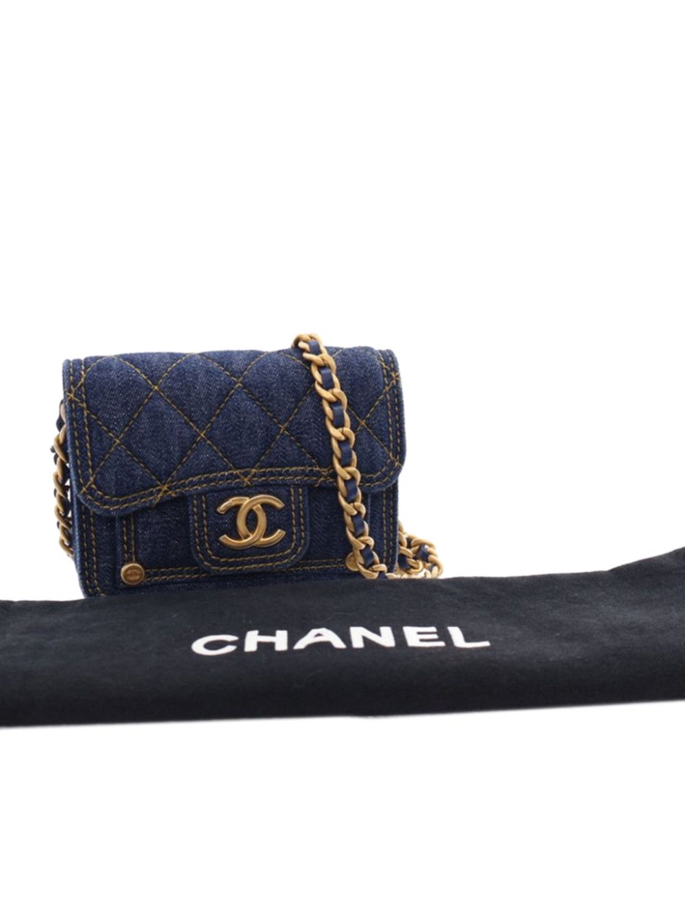 Cheap HOT SALE CHANEL 2021-2024 Mini Quilted Denim CC Double You Card Holder with Chain crossbody bag Women