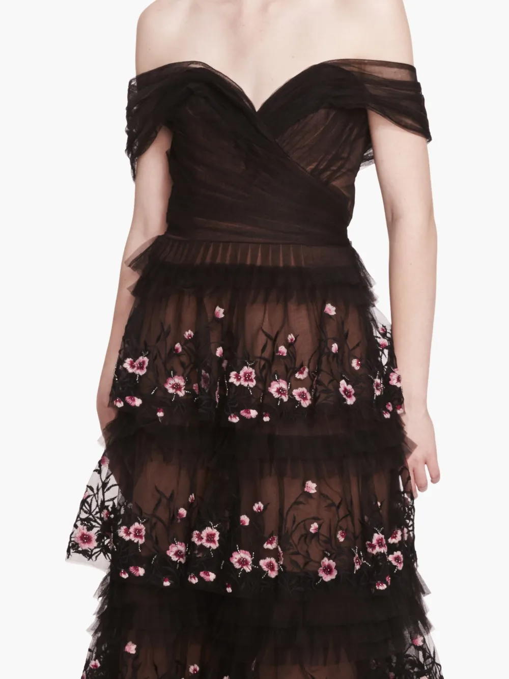 Marchesa Notte Tiered Terrarium midi-jurk Zwart