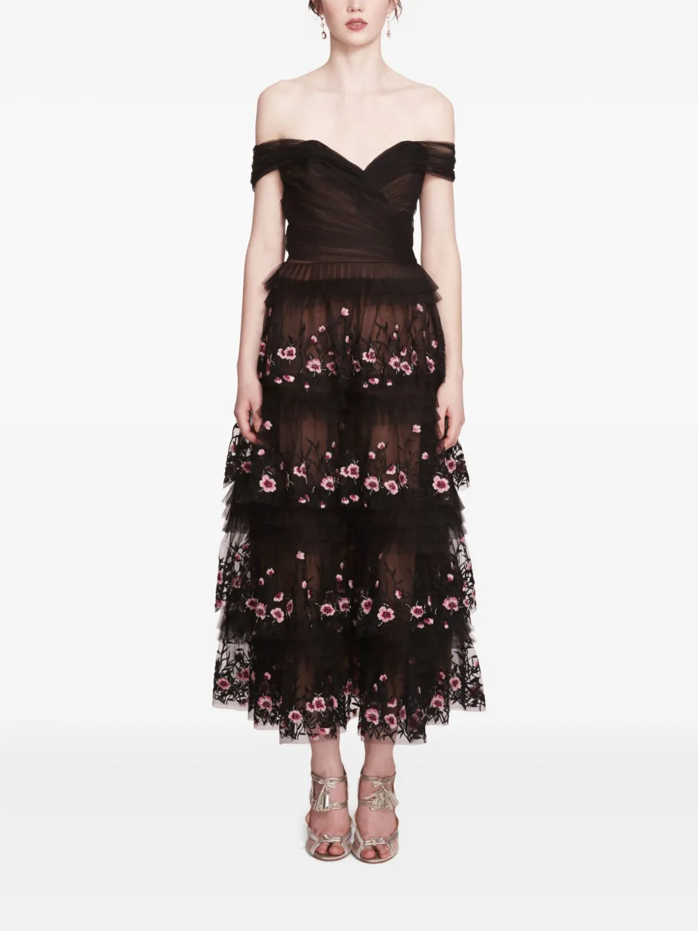 Marchesa Notte Tiered Terrarium midi-jurk Zwart