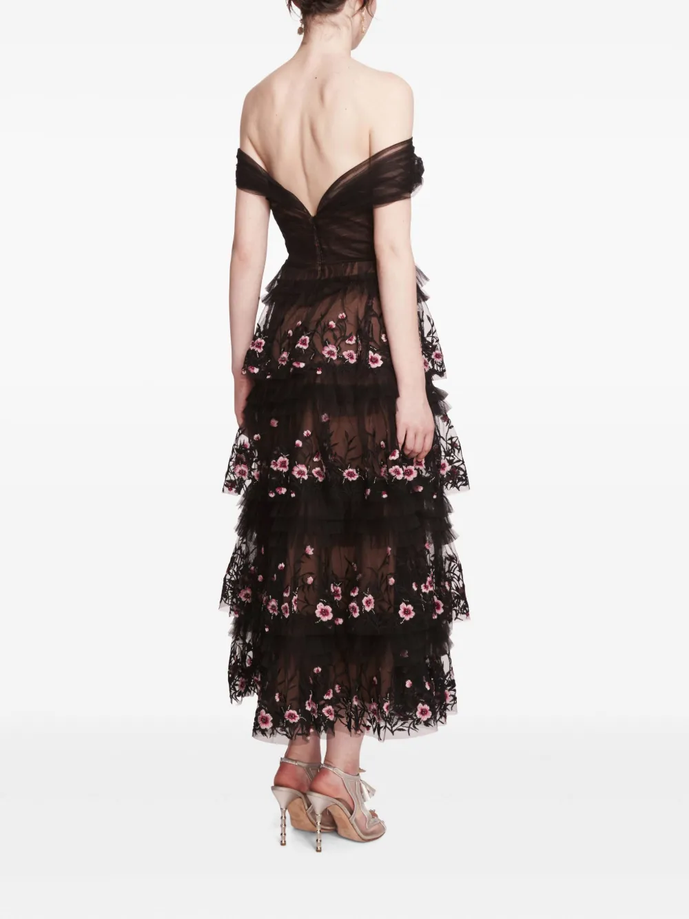 Marchesa Notte Tiered Terrarium midi-jurk Zwart