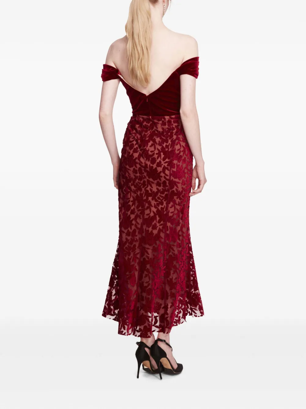 Marchesa Notte Fluwelen midi-jurk Rood