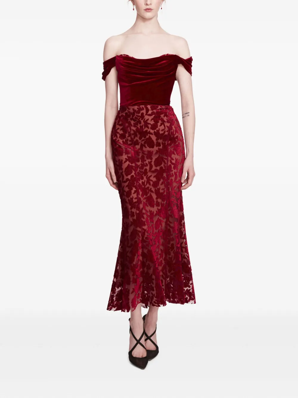 Marchesa Notte velvet midi dress | Red | Image 1