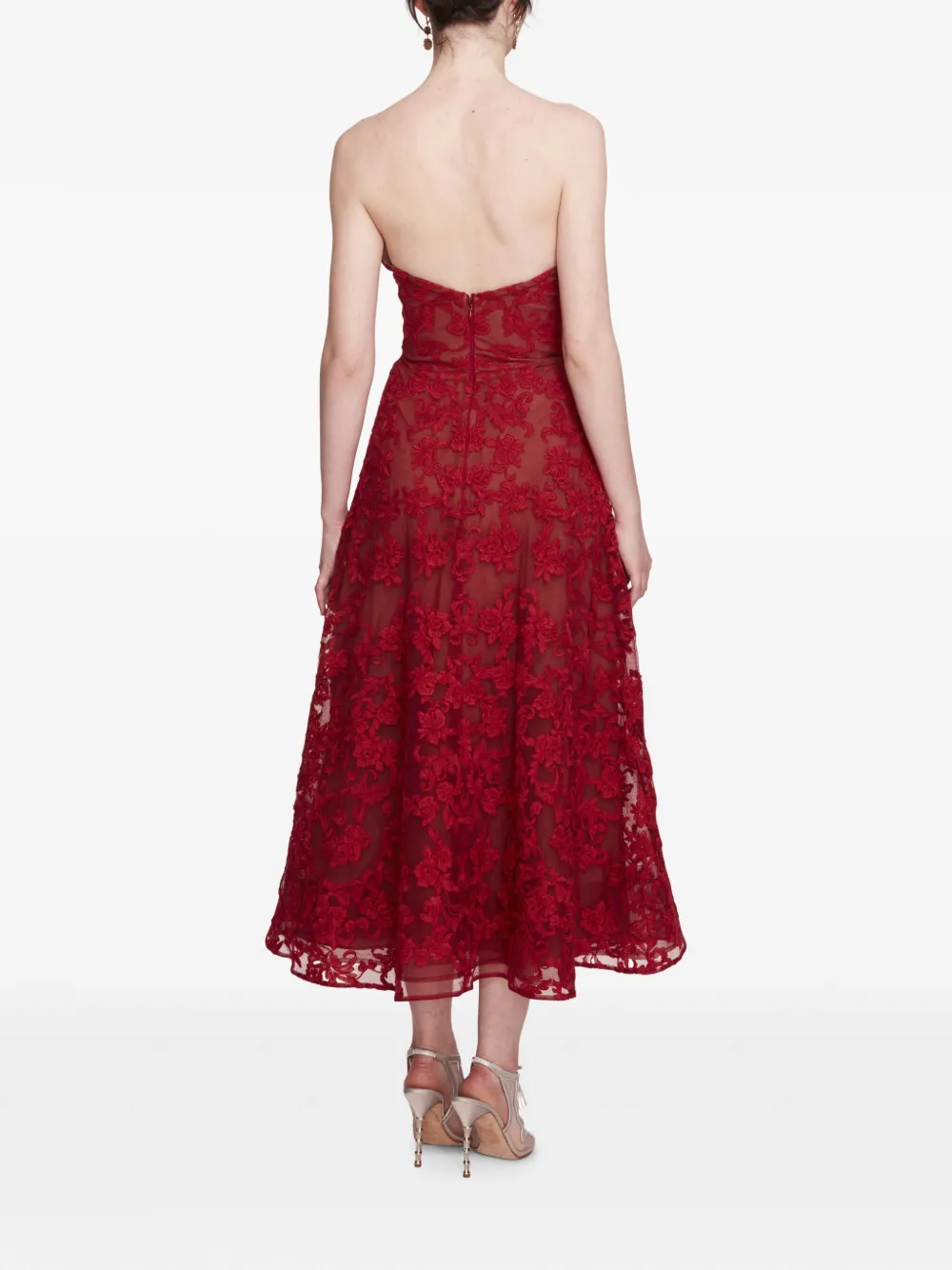 Marchesa Notte Strapless midi-jurk met kant Rood