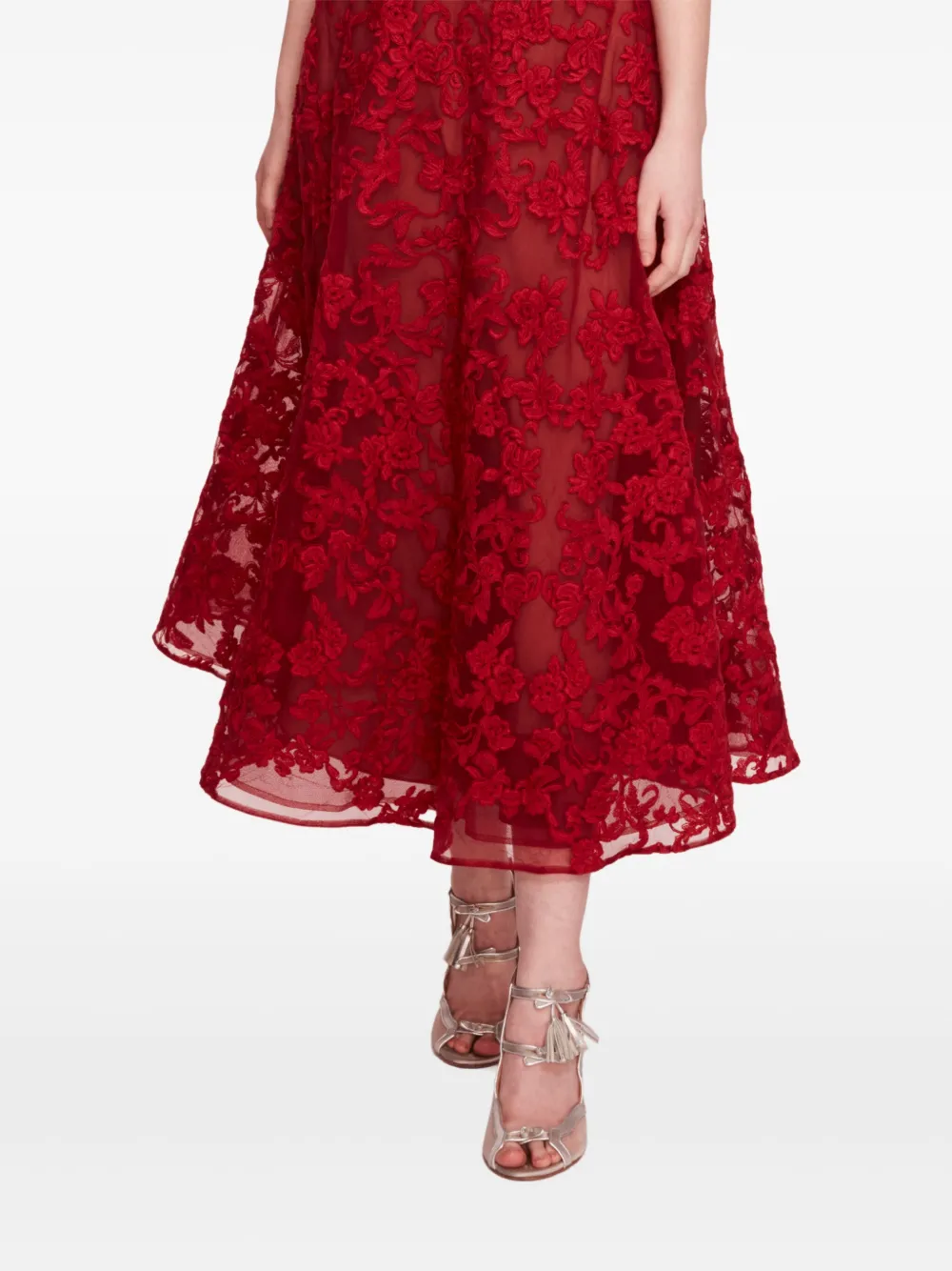 Marchesa Notte Strapless midi-jurk met kant Rood
