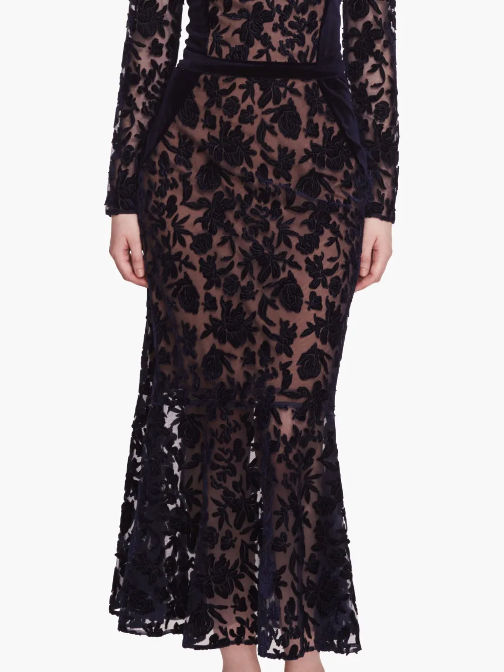 Marchesa Notte Fluwelen midi-jurk Blauw