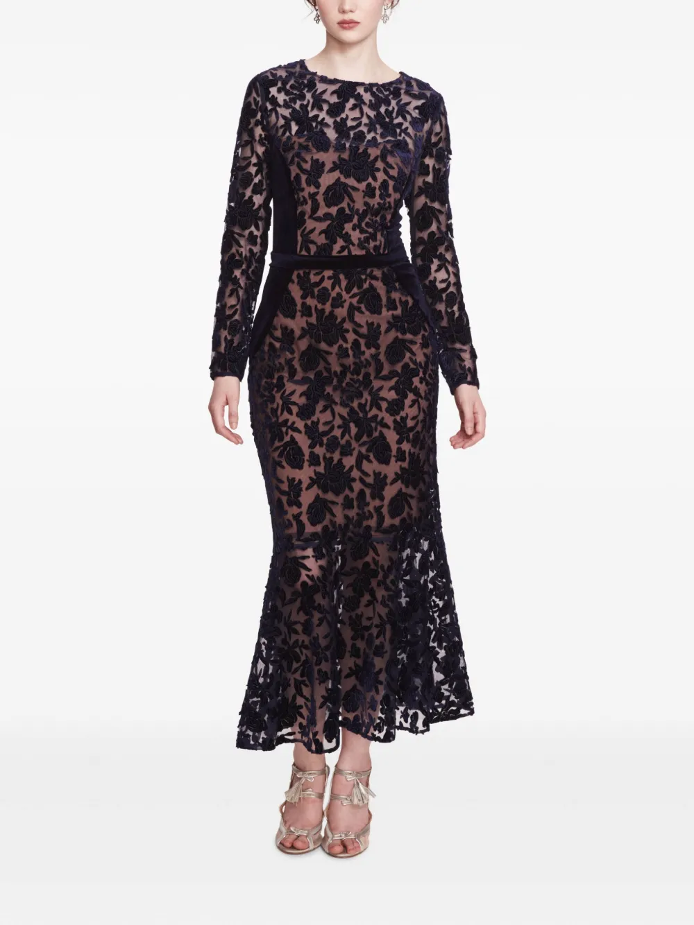 Marchesa Notte long-sleeve velvet midi dress | Blue | Image 1