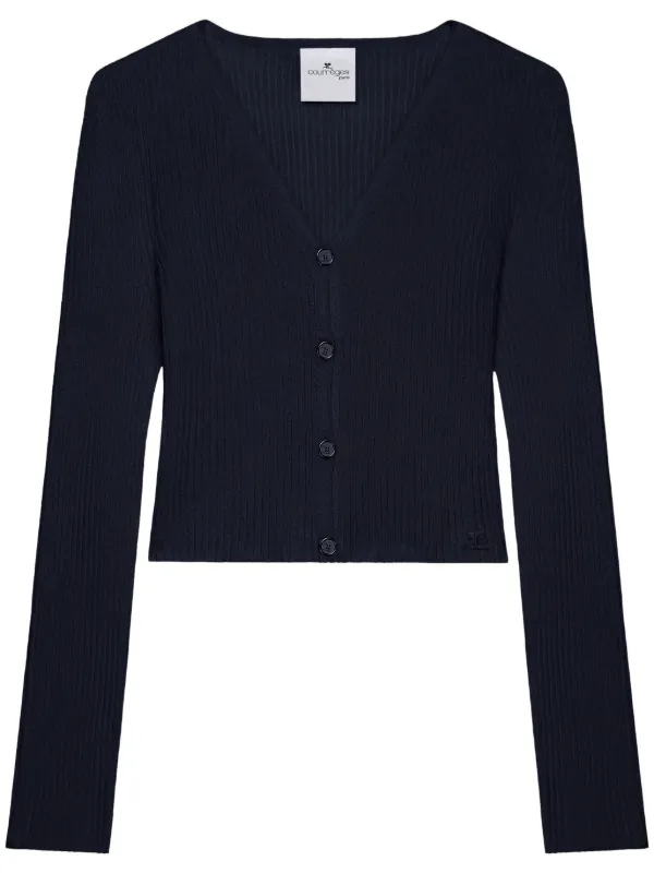 Courrèges Cropped Fine-ribbed Cardigan in Blue