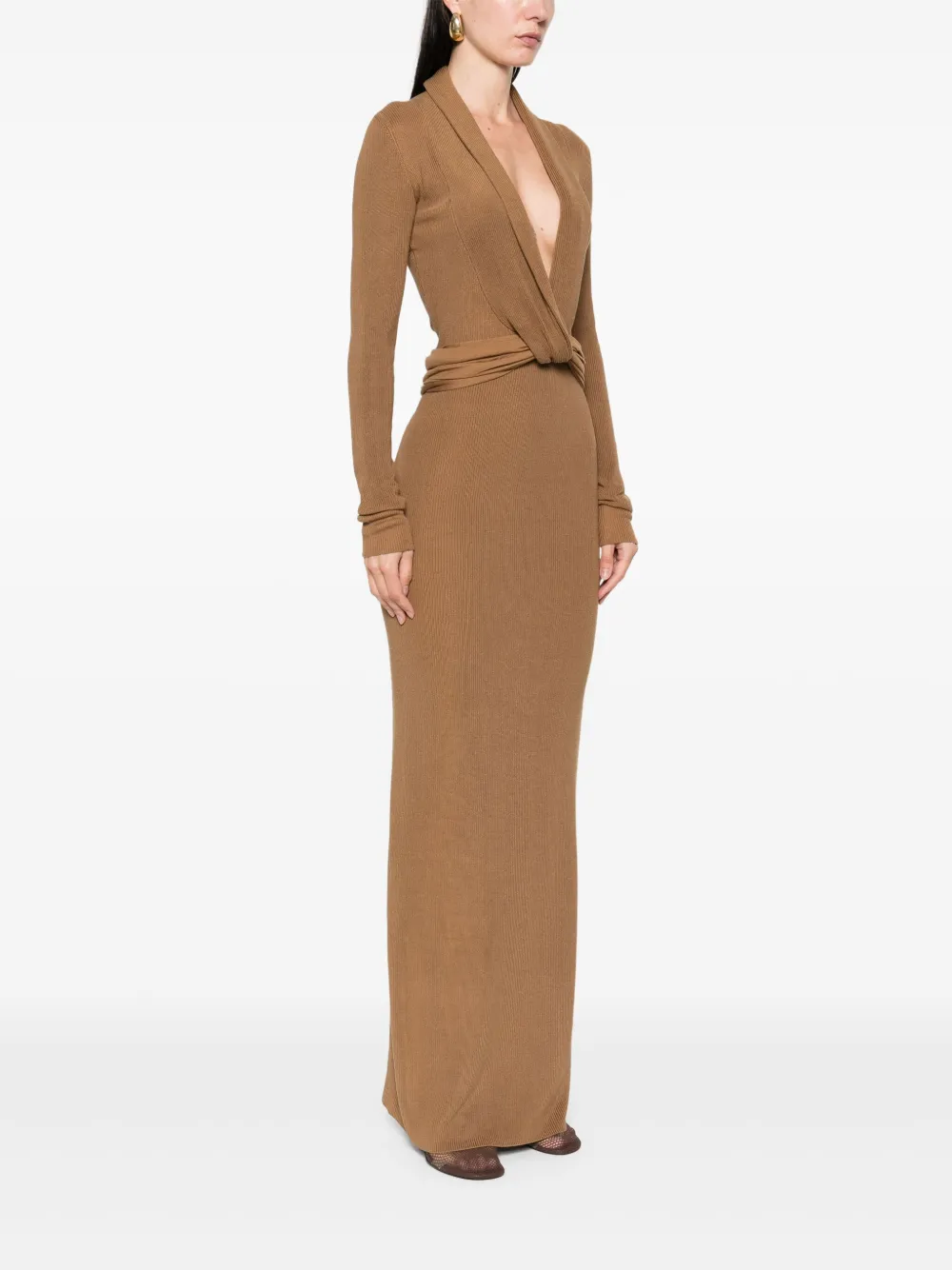 Aya Muse Aure Gathered Knitted Silk-blend Gown In Brown
