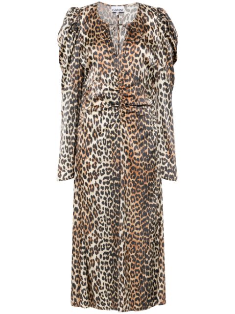 GANNI leopard-print ruched midi dress Women