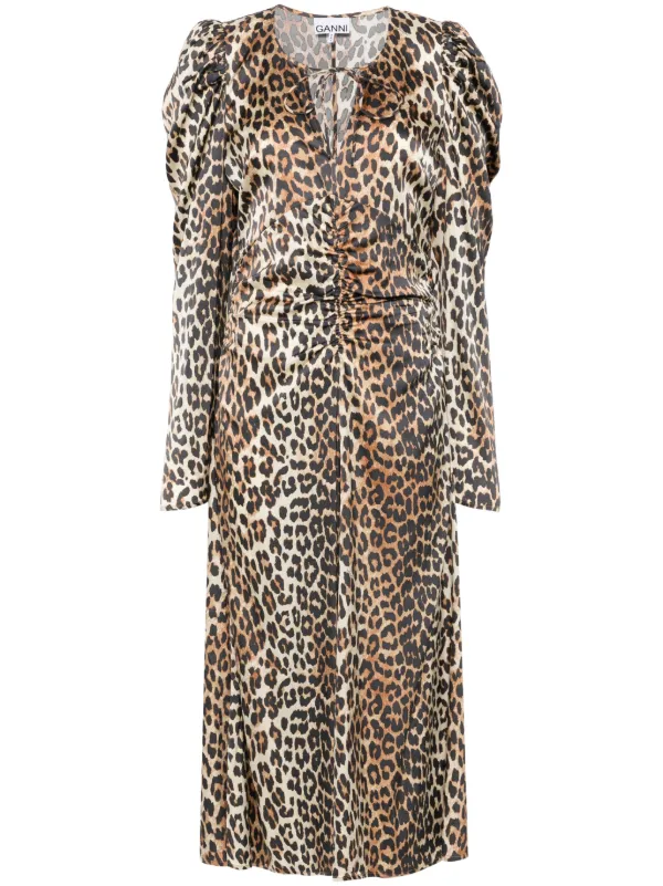 Ganni Leopard-Print Ruched Midi Dress - Brown