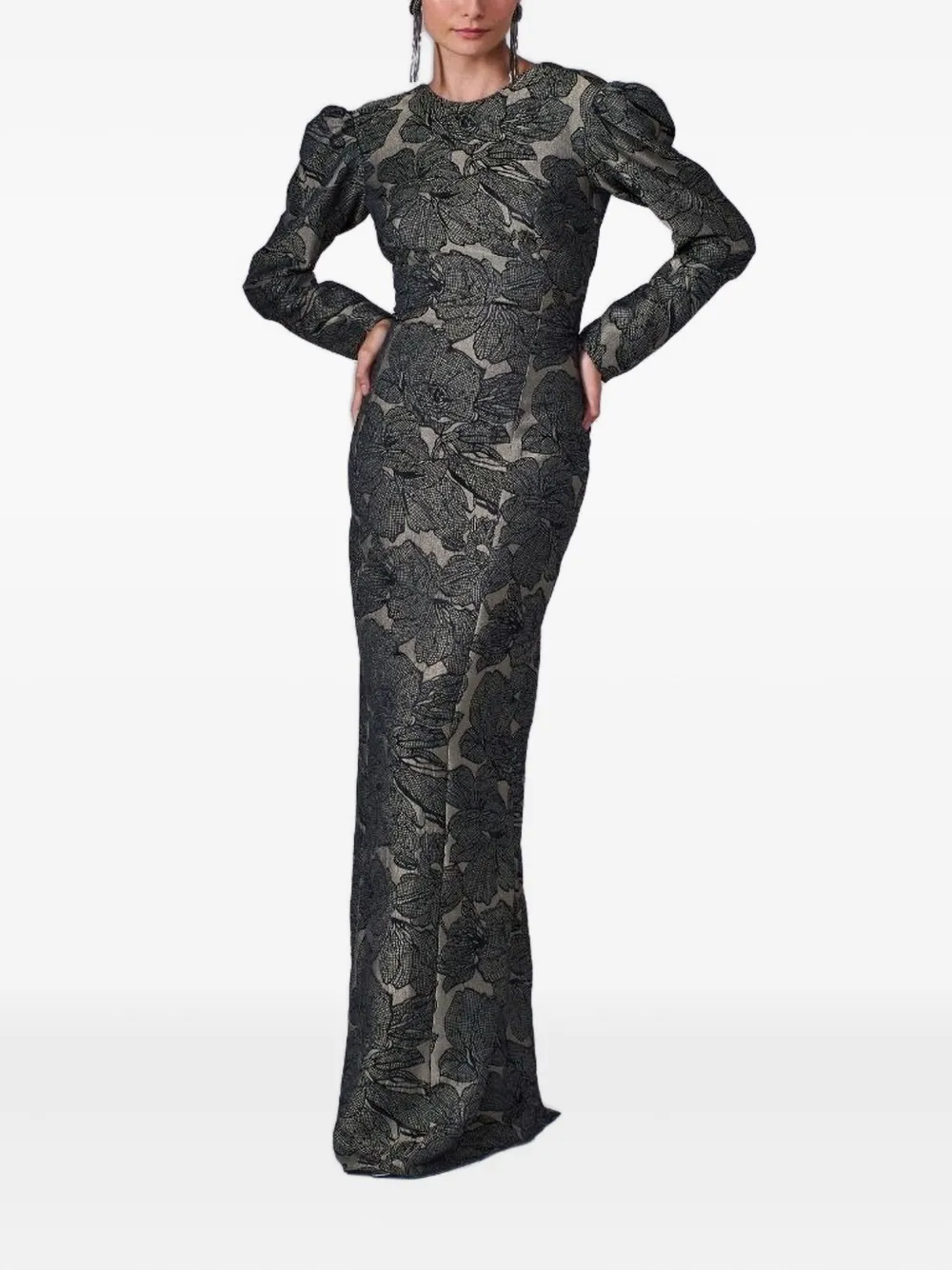 Lethicia Bronstein Camile Puff-sleeve Floral-pattern Dress In Gray