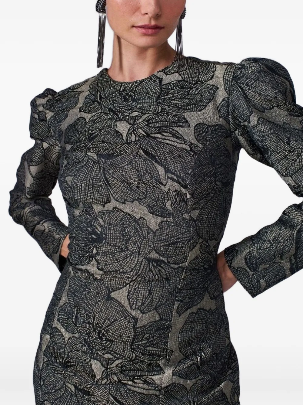 Lethicia Bronstein Camile Puff-sleeve Floral-pattern Dress In Gray