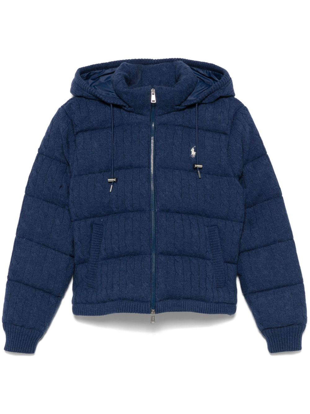 cable-knit hooded puffer jacket