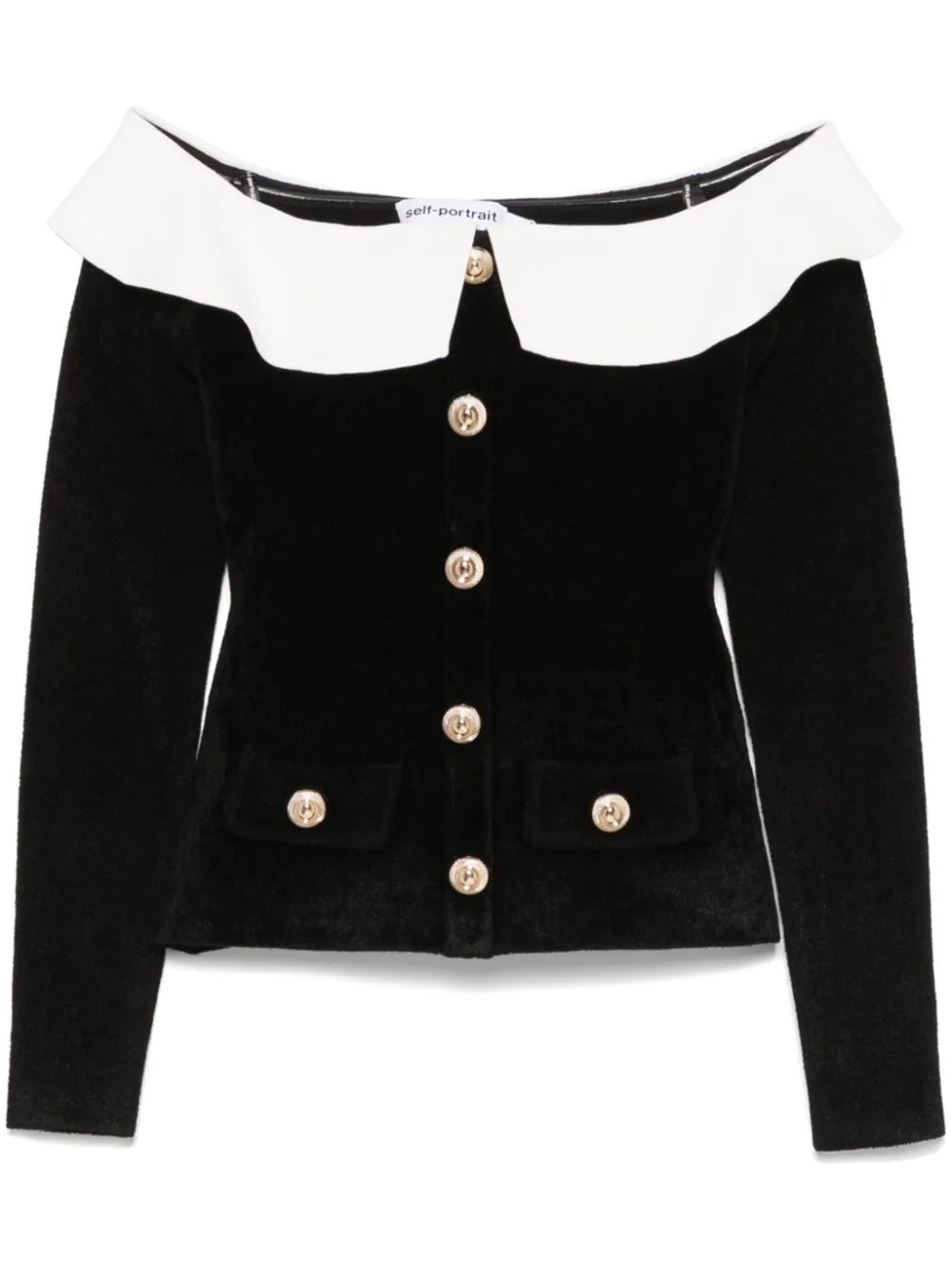 Self-portrait Chenille Knit Off Shoulder Top In Black