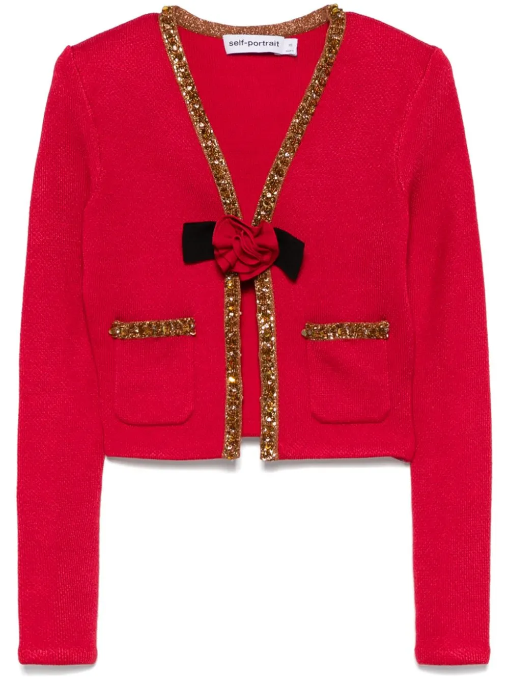 Self-portrait Waffle-knit Embellished Cardigan In Red