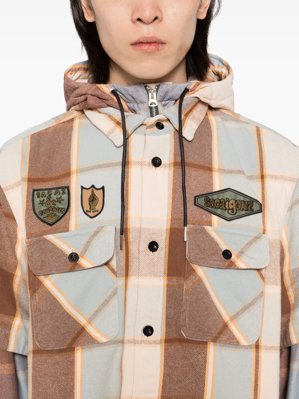 sacai Geruit shirtjack Bruin