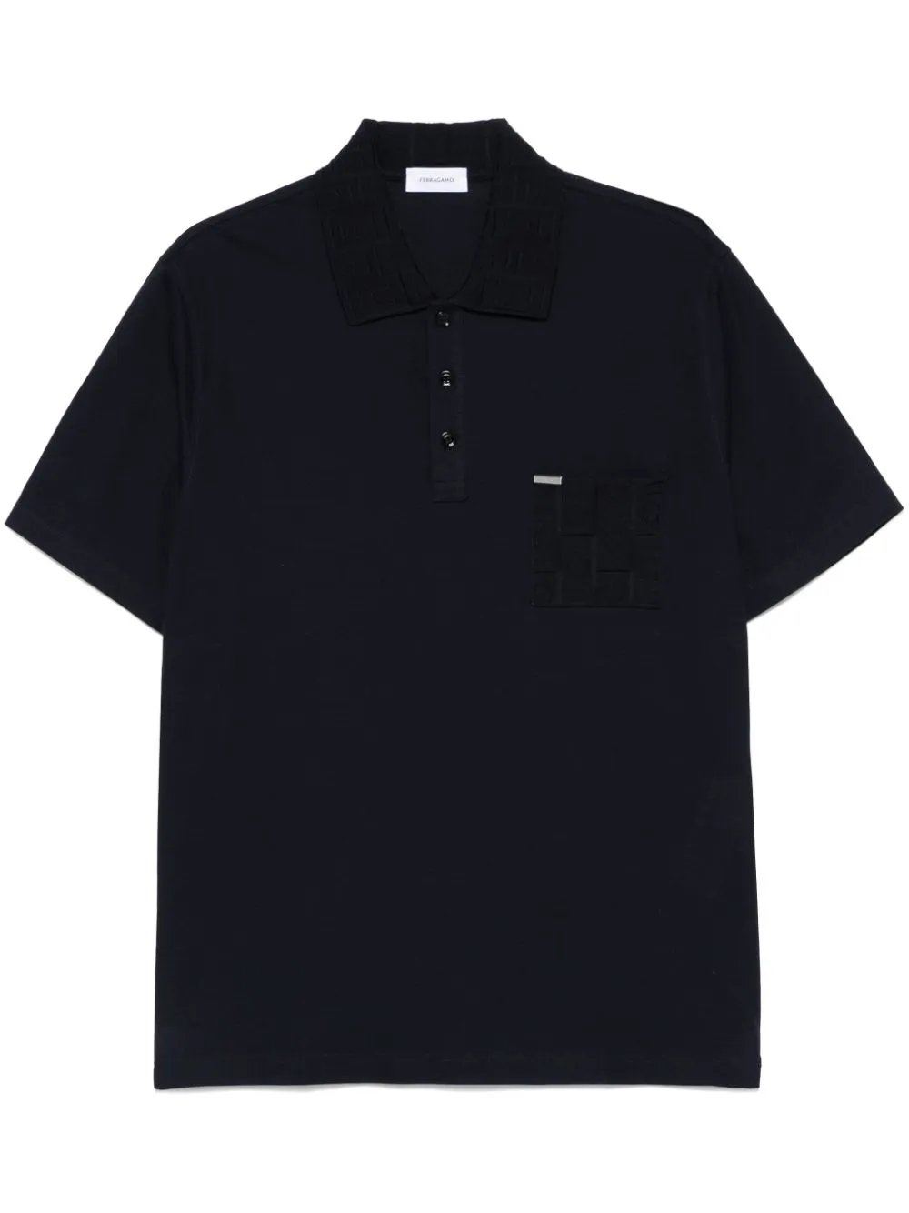 Ferragamo V-neck Polo With Jacquard Pocket Detail In Blue