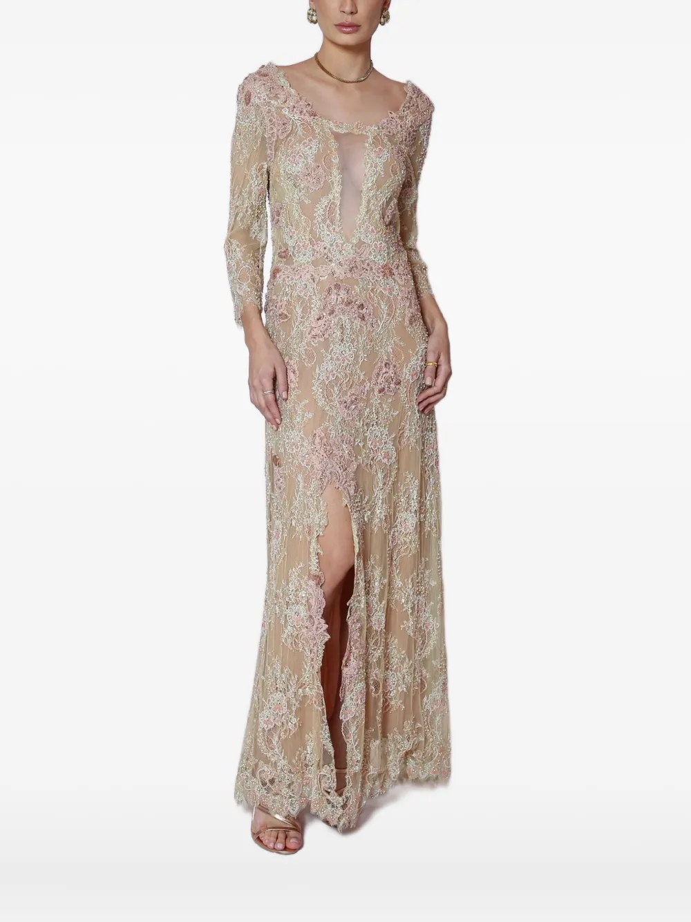 Lethicia Bronstein Embroidered Lace Maxi Dress In Neutral