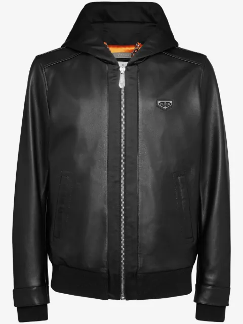 Philipp Plein leather hooded bomber jacket