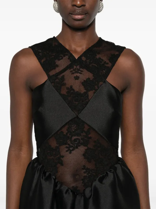 Self-Portrait lace-trim Taffeta Maxi Dress | Black | FARFETCH JO