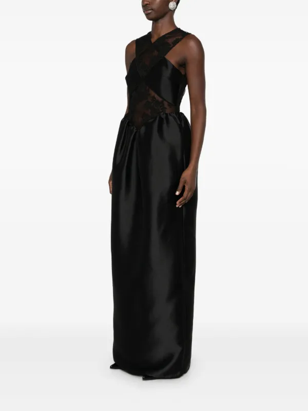 ||SALE|| SELF-PORTRAIT >> Taffeta マキシドレス in ブラック Black Lace Taffeta Maxi Dress – self-portrait-EU