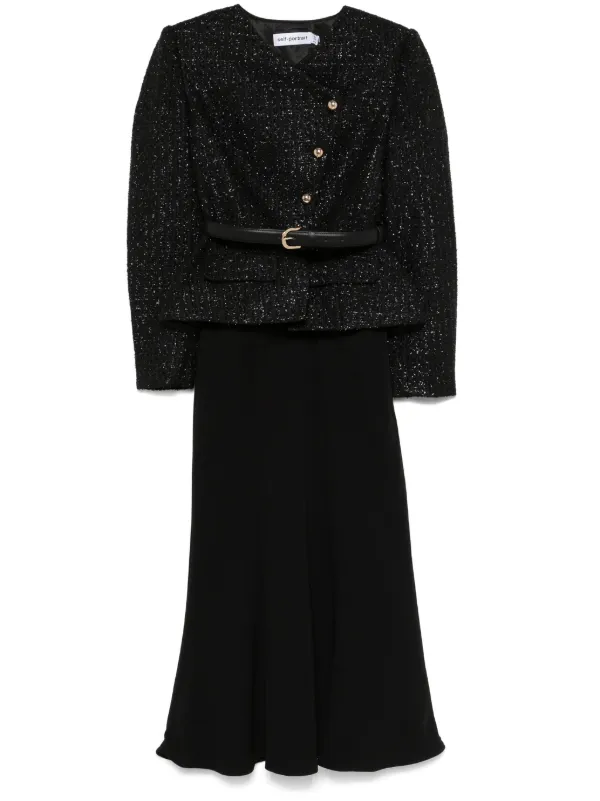 Self-Portrait｜DRESSES (BOUCLE ASYMMETRIC MIDI DRESS (RS Self-Portrait Bouclé Asymmetric Midi Dress | Black | FARFETCH CA