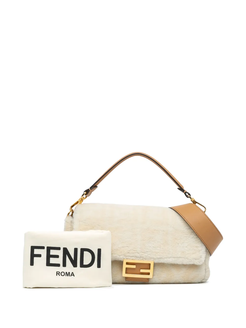 Pre-owned Fendi 2010-2023 Small Zucca Shearling Baguette Satchel In Brown