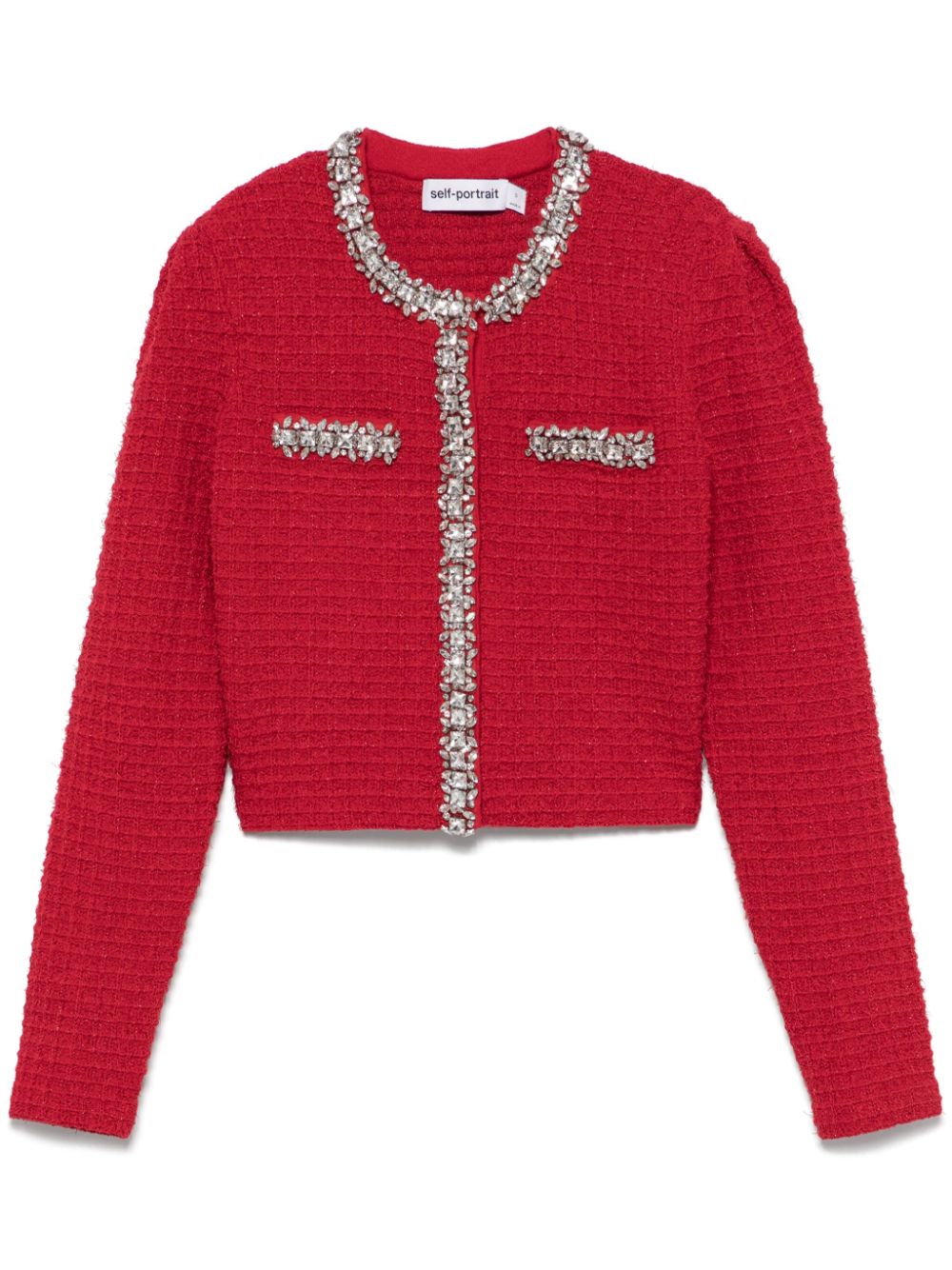 Shop Self-portrait Textured-knit Cardigan In Red