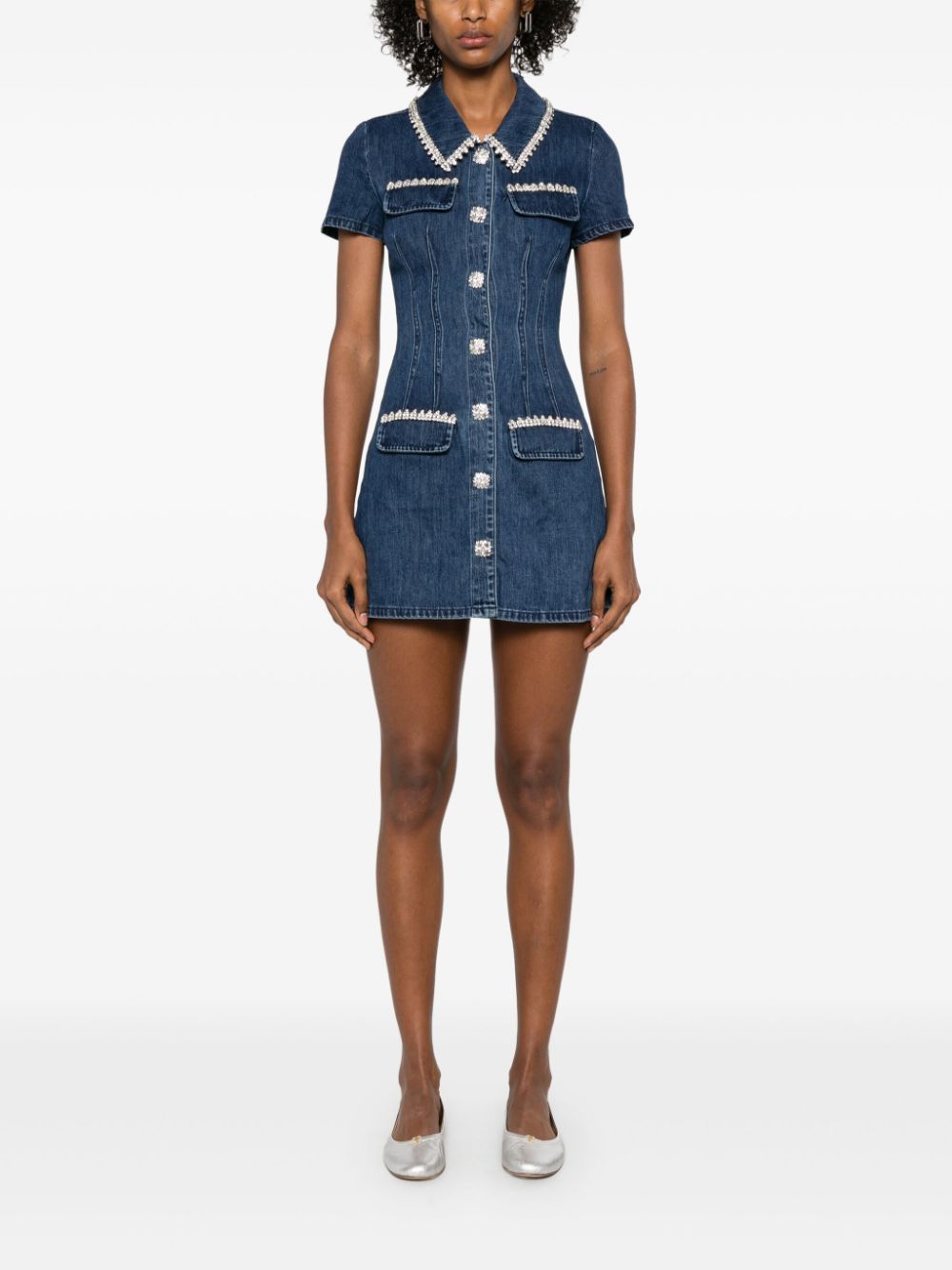 Self-Portrait collared denim mini dress - Blauw