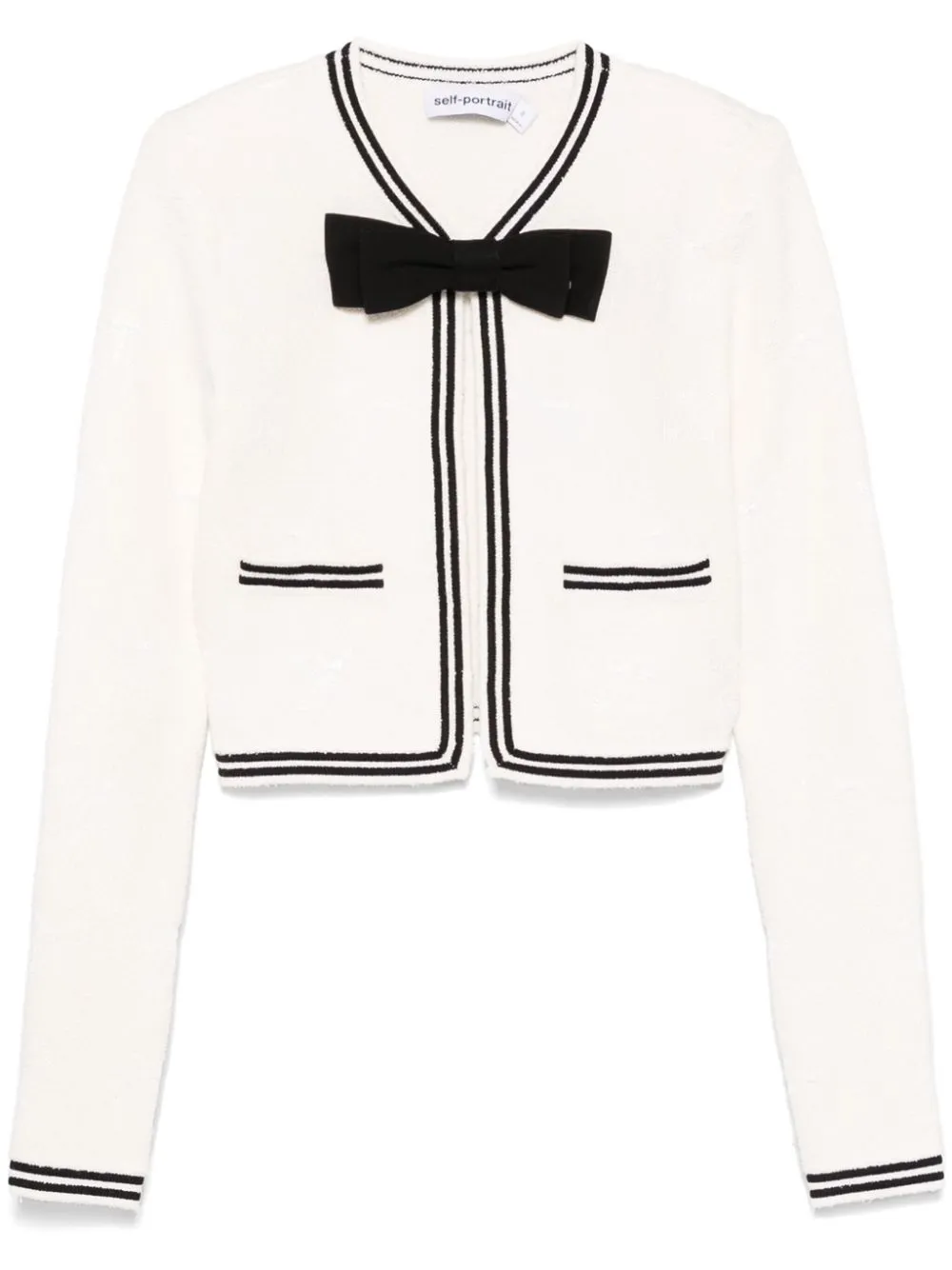 Self-portrait Beige Cardigan With Bow Detail On The Front And Contrasting Trims In Cotton Blend Woman In Neutrals
