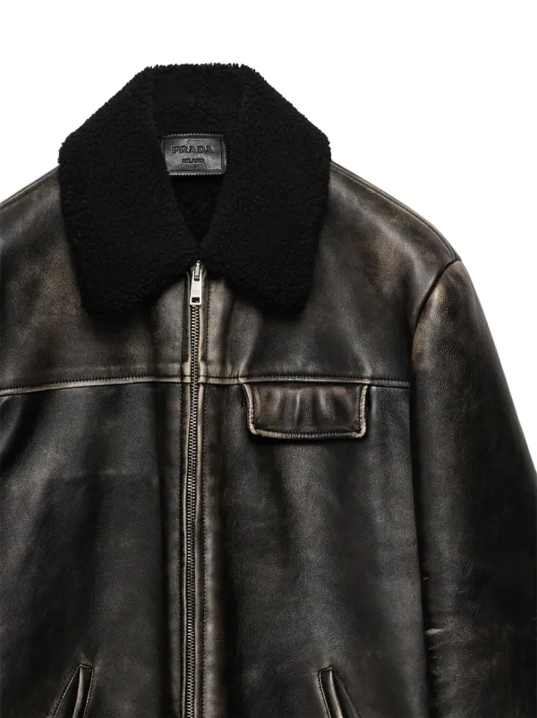 ジャケット・アウター PRADA LEATHER WOOL DOCKING KNIT JACKET Prada shearling-collar Leather Jacket | Black | FARFETCH
