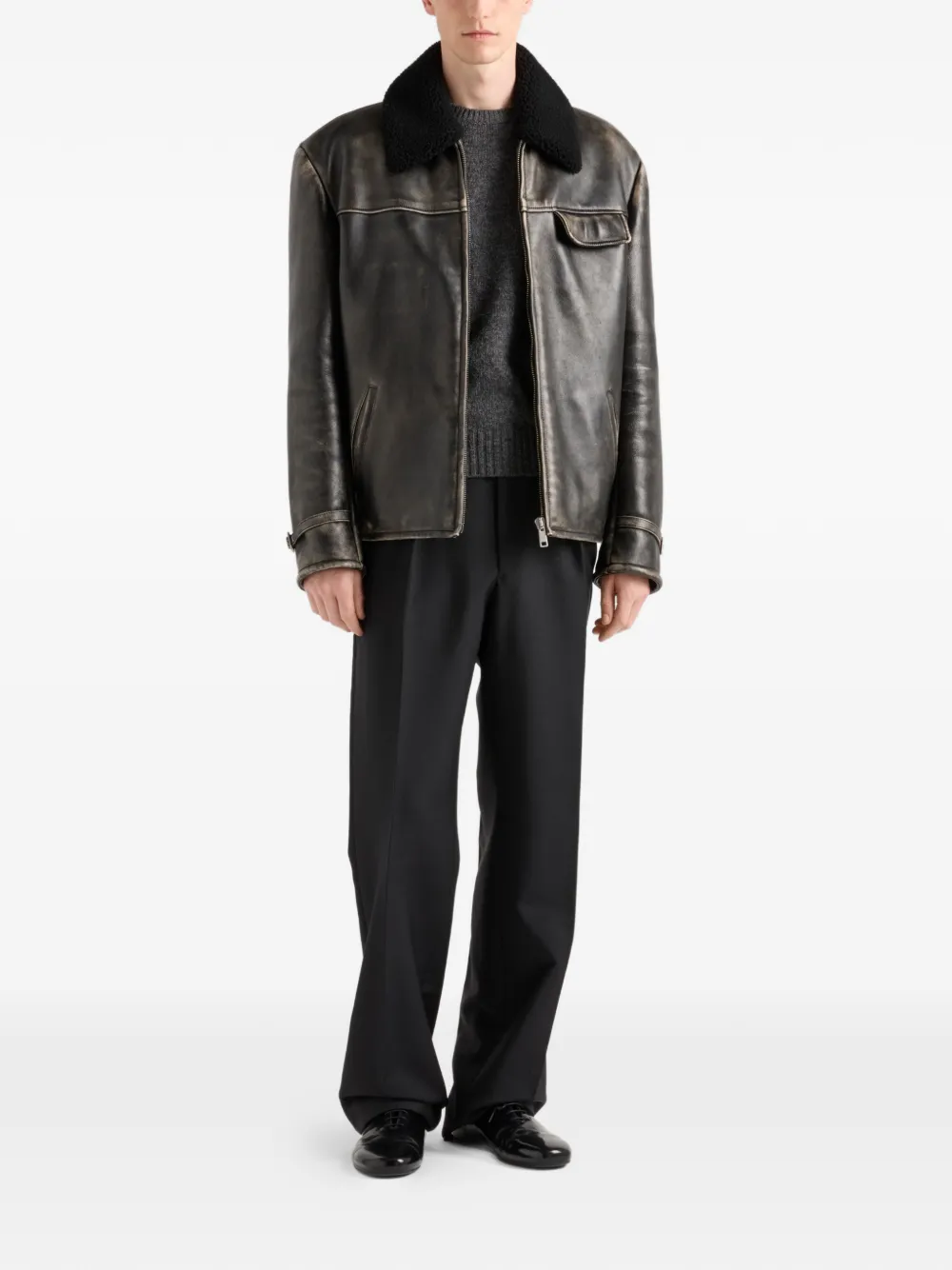 Prada shearling-collar Leather Jacket | Black | FARFETCH