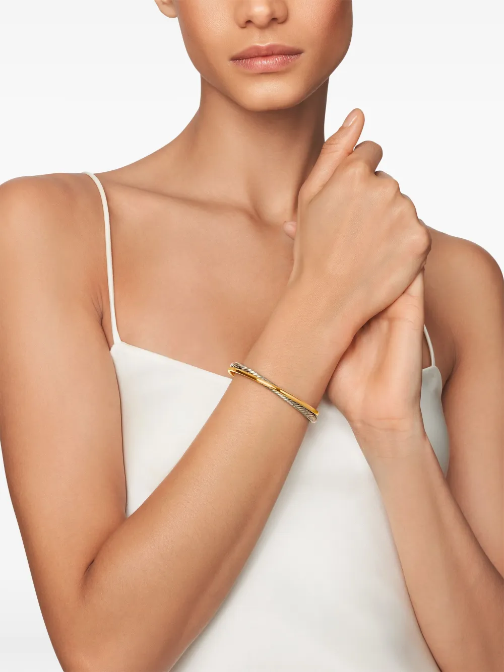 18kt Yellow Gold And Sterling Silver Crossover Two Row Cuff Bracelet (5mm)