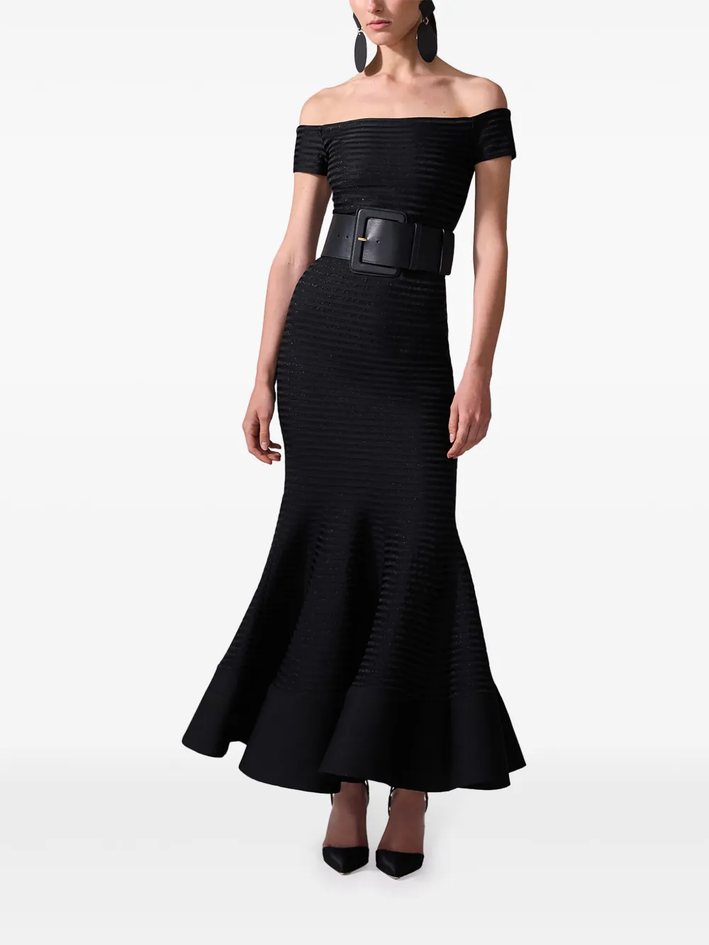 Carolina Herrera Gestreepte off-shoulder maxi-jurk - Zwart