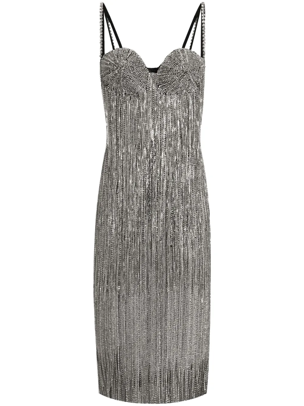 Dolce & Gabbana Marquisette Calf-length Dress With Sequined Fringing In Multicolor