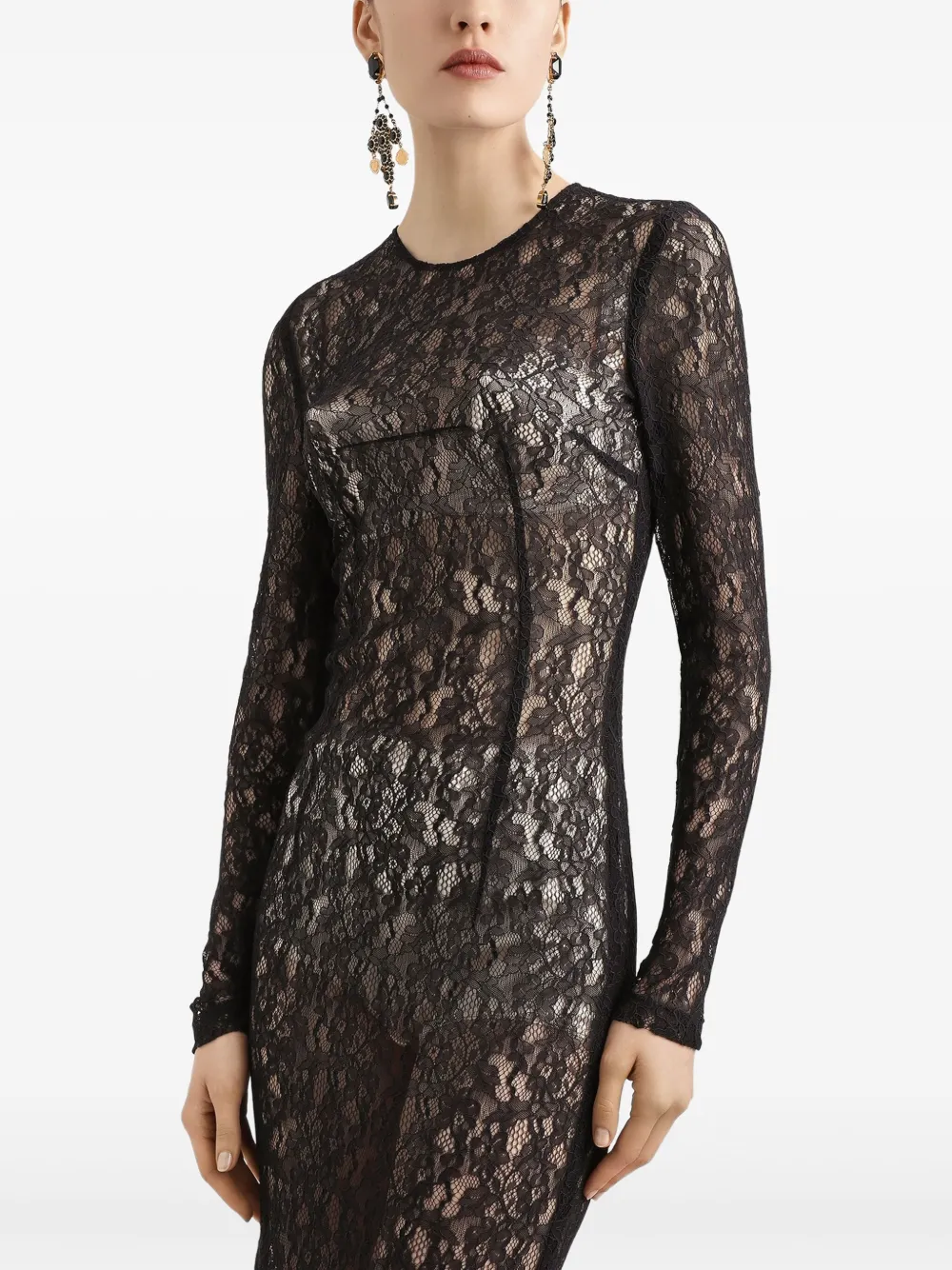 Dolce & Gabbana Midi-jurk met bloemenkant Zwart