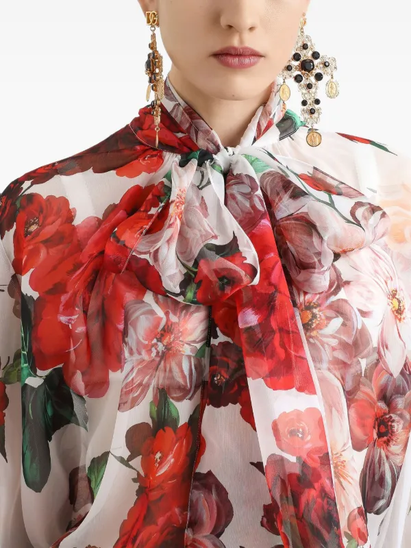Dolce & Gabbana ローズプリント シフォン ブラウス | ホワイト
